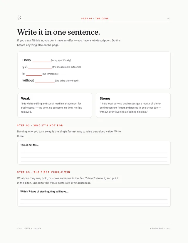 Inside The Offer Builder — The core — write it in one sentence
